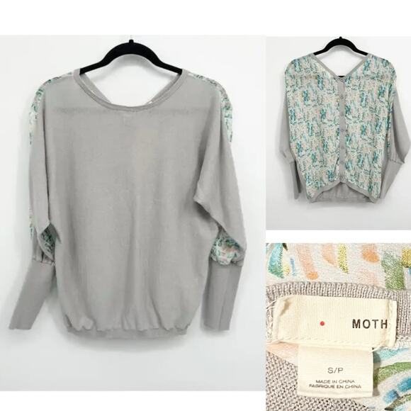 Anthropologie Moth Top Sweater Gray Green Button Back Lightweight Flowy Boho SM - Picture 1 of 9